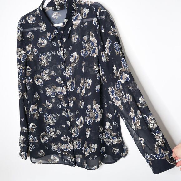 MG Women Button Up Blouse Plus Size 3X Blue Floral Artsy Sheer Office Career - Picture 6 of 7